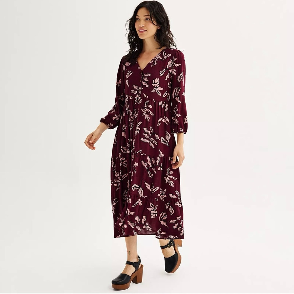 Sonoma Goods For Life Burgundy Floral Button Front Maxi Dress Size L NWT